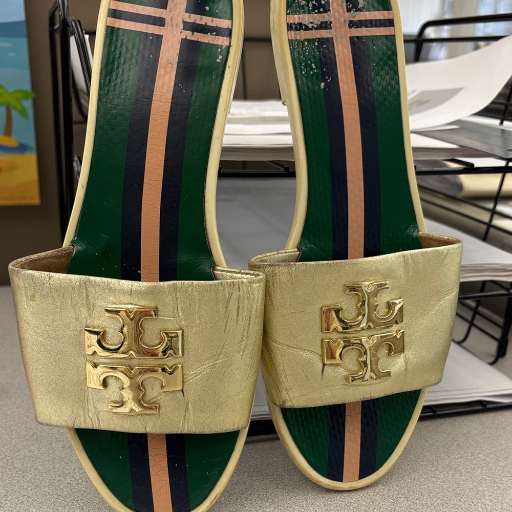 Tory Burch Gold and Green Slide Sandals